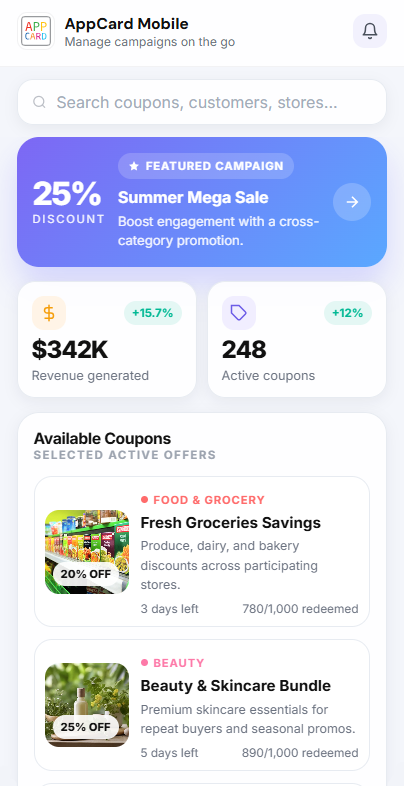 AppCard mobile experience showing featured campaign, live metrics, and active coupons